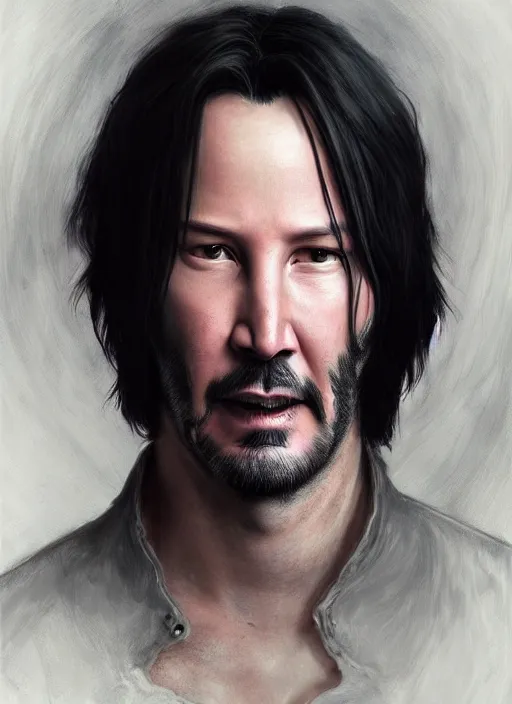 Image similar to Keanu Reeves, red glowing eyes, silver long hair, male, fantasy, extremely detailed, digital painting, artstation, concept art, smooth, sharp focus, illustration, stunning lighting, art by artgerm and greg rutkowski and alphonse mucha and simon stalenhag, realistic character concept, high fantasy, dark atmosphere, golden ratio, cinematic lighting, hyperdetailed, high resolution, insanely detailed and intricate, artstation, Marc Simonetti, Greg Rutkowski, 8k