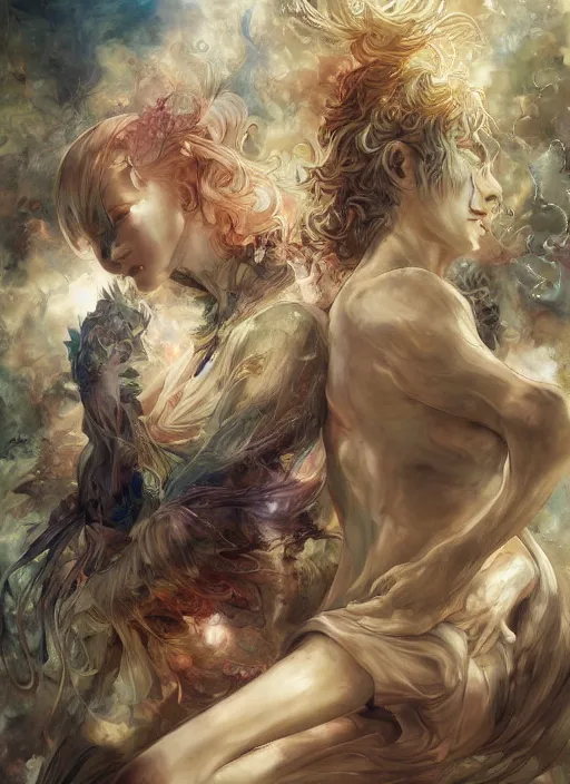 Prompt: regeneration can only be attained by two souls working in unison and harmony, baroque, rococo, dramatic, elaborate, emotive, and transcendental , painted by Yoshitaka Amano, WLOP, and CASIMIR