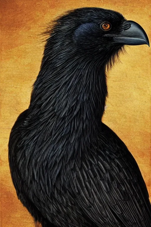 Image similar to a breathtakingly stunningly beautifully highly detailed portrait of a majestic raven, by rosetti and michael cheval and turner, 4 k