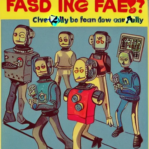 Image similar to in the style of 1960s, A scary robot is chasing after a bunch of scared adults with fully detailed faces, down the street, fully detailed , faces in focus