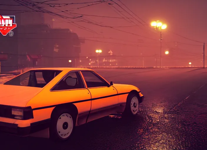 Image similar to gta game in moscow, 1 9 9 0, playstation 5 screenshot, mega details, dark night, orange lights, heavy rain, fog, beautiful rtx reflections, soviet suburbs, photorealistic, unreal engine 5, octane render, volumetric light, cg society, 4 k, 5 0 mm bokeh, russian lada car, artstation