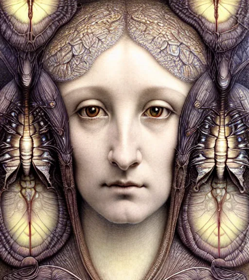 Prompt: detailed realistic beautiful moth goddess face portrait by jean delville, gustave dore, iris van herpen and marco mazzoni, art forms of nature by ernst haeckel, art nouveau, symbolist, visionary, gothic, neo - gothic, pre - raphaelite, fractal lace, intricate alien botanicals, ai biodiversity, surreality, hyperdetailed ultrasharp octane render