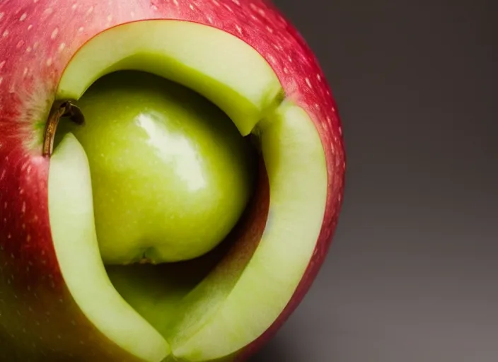 Image similar to photo still of an apple with human teeth, 8 k, studio lighting bright ambient lighting key light, 8 5 mm f 1. 8