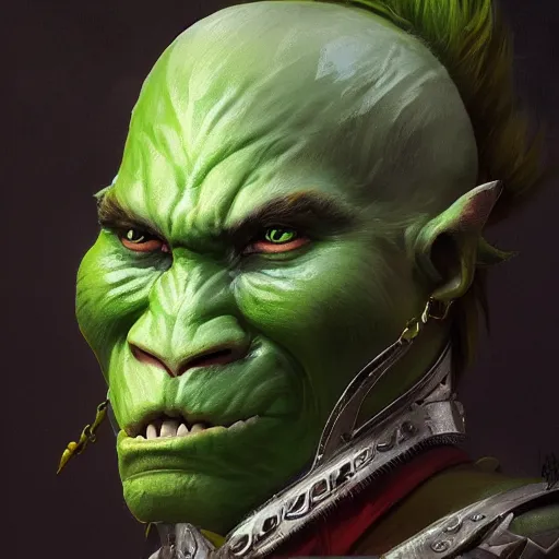 Prompt: a full bodied character portrait of a green orc warrior woman in full plate armor bald with a ponytail, by greg rutkowski, wlop, astri lohne, wei wang, trending on artstation