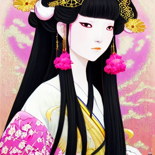 Prompt: portrait of the japanese moon princess kaguya hime with long flowing black hair wearing an ornate pink kimono with intricate floral patterns, touhou character design by ross tran, yoshitaka amano, boris vallejo artstation