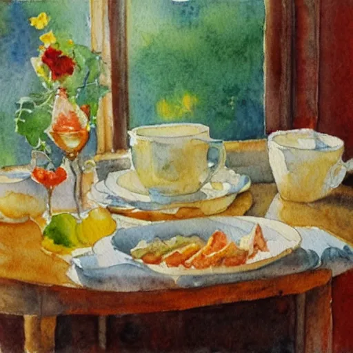 Image similar to impressionism watercolor painting of a large breakfast