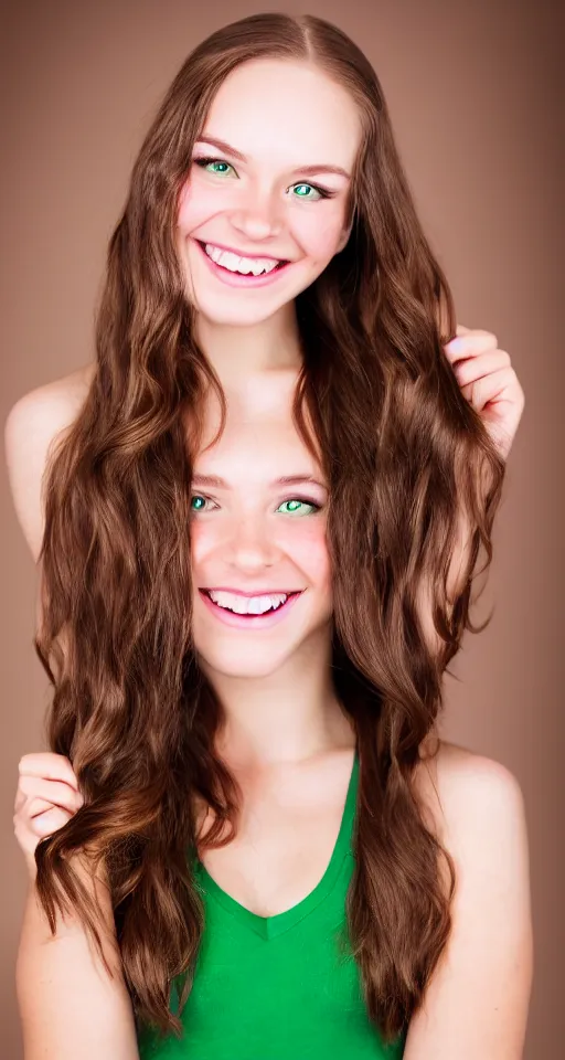 Image similar to A cute and beautiful young woman, long shiny bronze brown hair, green eyes, cute freckles, smug smile, studio lighting, studio background medium shot, mid-shot