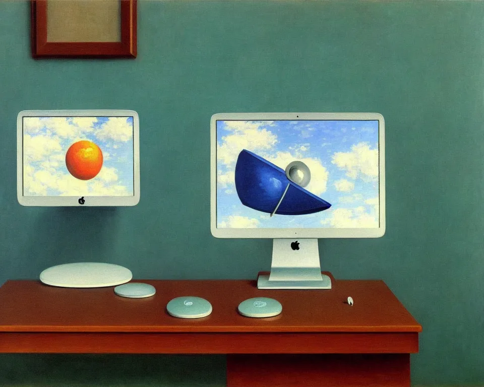 Image similar to achingly beautiful painting of a imac g 3 by rene magritte, monet, and turner. whimsical.