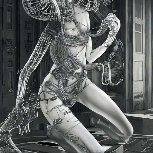 Prompt: the portrait of an absurdly beautiful, graceful, sophisticated, fashionable ottomanpunk gynoid gravure idol, an ultrafine hyperdetailed illustration by kim jung gi, irakli nadar, intricate linework, neon wiring, porcelain skin, unreal engine 5 highly rendered, global illumination, radiant light, detailed and intricate environment