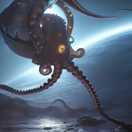 Prompt: An octopus wearing a spacemarine armor in outer space, tentacles, by Darek Zabrocki, nebula, octane render, 3d, unreal engine, highly detailed, 4k, 8k