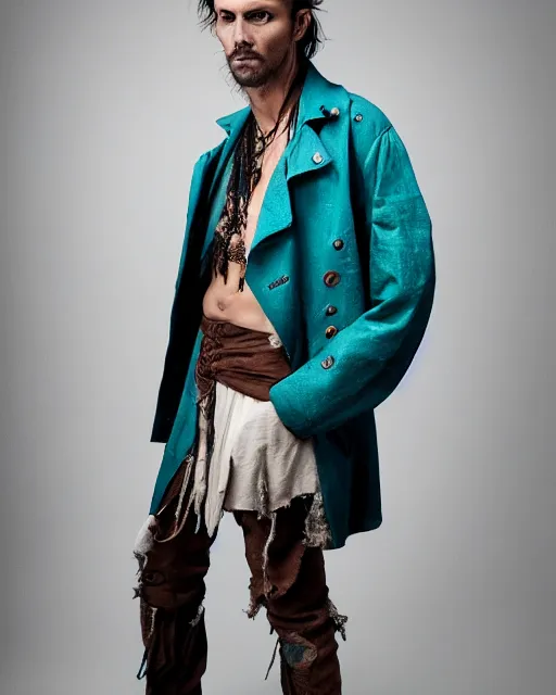 Prompt: an award - winning photo of an ancient male model wearing a plain cropped baggy teal distressed pirate designer menswear cloth jacket designed by alexander mcqueen, 4 k, studio lighting, wide angle lens