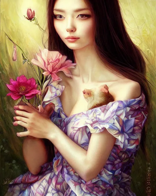 Prompt: beautiful oil painting of a cat holding a flower by artgerm and chie yoshii, full body portrait, perfect face, dramatic lighting