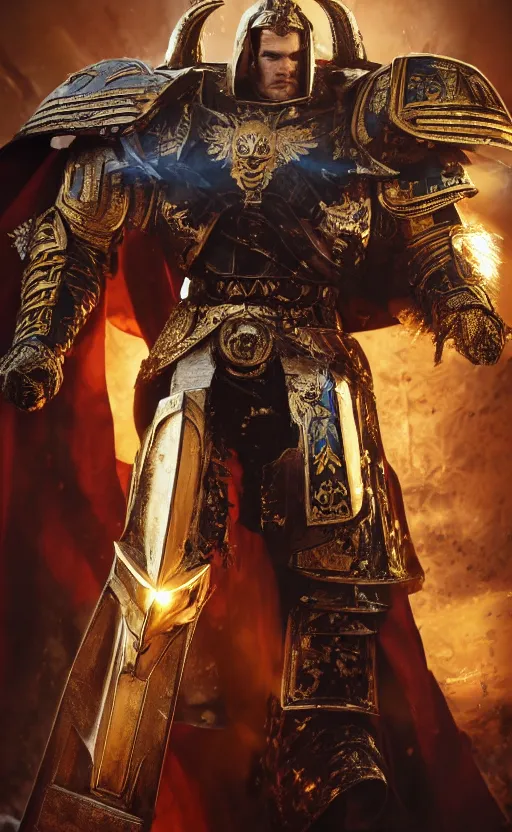 Image similar to angry Henry Cavill as warhammer 40k God-Emperor of Mankind dressed in his glowing golden power armor with no helmet. full-length portrait, beautiful face, long hair, painted by Donato Giancarlo, intricate fine armor rune details, cinematic, highly detailed, octane render