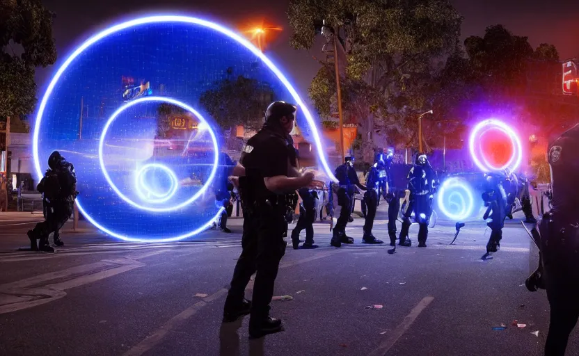 Image similar to people with posters attacking cops in front a huge blue spiral - shaped bright white luminous attractor that is floating and stores in los angeles with light screens all over the street, concept art, art for the game, professional lighting, night lighting from streetlights