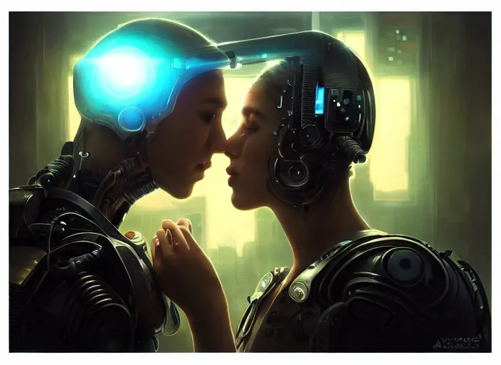 Image similar to ultra realistic medium shot of a couple of cyborgs kissing, lovers, cyberpunk, sci - fi, kodak, faces, colour led, soft light, volumetric lighting, fog, rays, night, station, intricate detailed, digital painting, concept art, smooth, sharp focus, illustration, art by artgerm and greg rutkowski and alphonse mucha