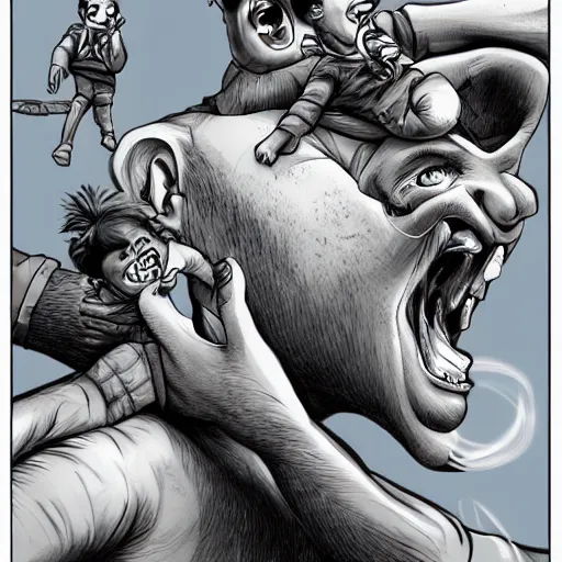 Image similar to Father yelling energetically with a big mouth at his little son who keeps his head down., exaggerated by Sebastian Krüger and Bruno Tesse trending on artstation, hyperdetailed, humor, perfect composition