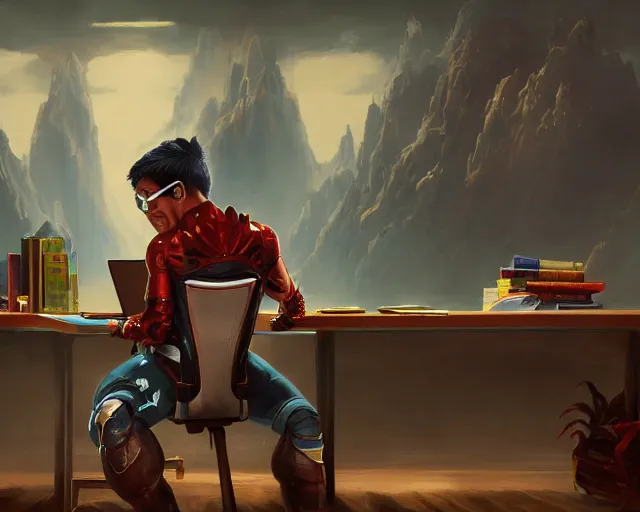 Image similar to an insanely detailed painting of a nerdy asian man wearing a superhero costume, sitting at a desk, staring at the nervously at the computer and typing, in the style of peter mohrbacher, dramatic lighting and composition, surreal background, octane render, pixar, trending on artstation, concept art, comic book, view from behind