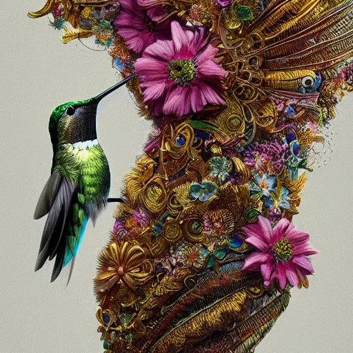 Image similar to hummingbird, feathers covered with floral ornaments, eye - level medium - angle shot, intricate, floral background, by esao andrews, by m. w. kaluta, by yoshita amano, intricate, natural lighting, smooth, 3 d octane render, depth perception, 4 k,, artstation