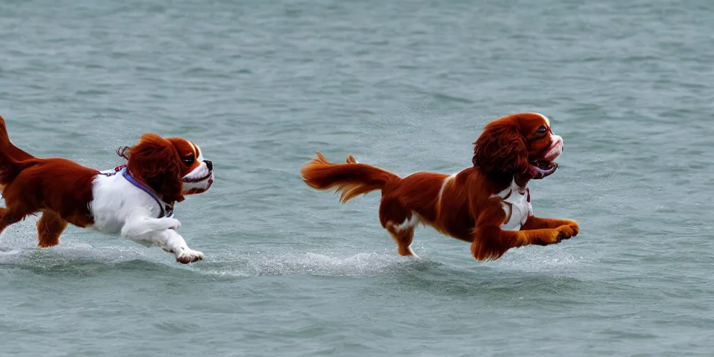 Prompt: A Cavalier King Charles Spaniel wind surfing.