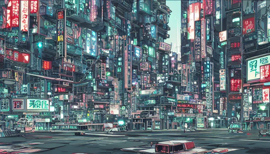 Image similar to Wide angle Concept Art of neo-Tokyo Maximum Security Mint Bank, in the Style of Akira, Anime, Dystopian, Cyberpunk, Crypto Valut, Helicopter Drones, 19XX