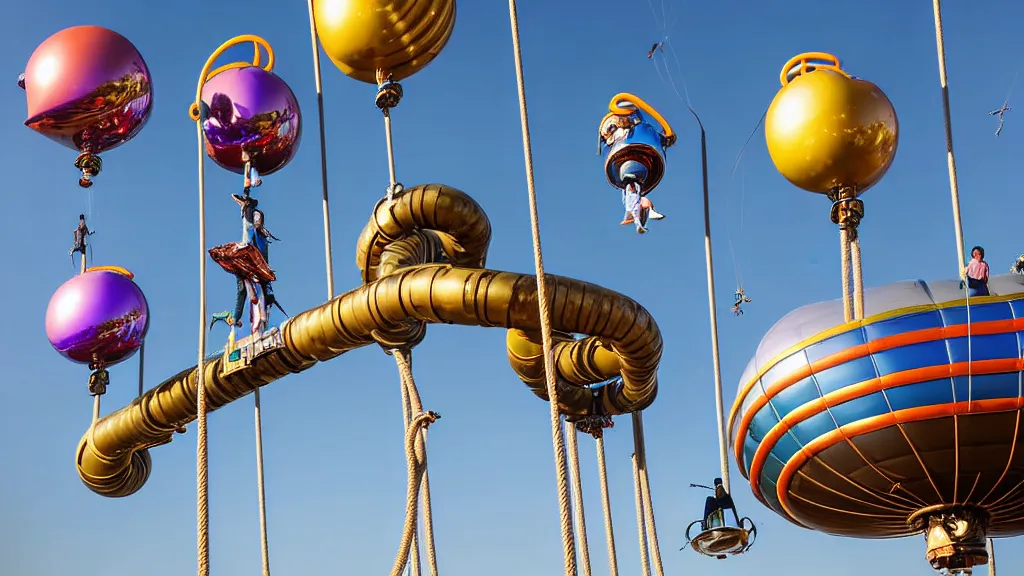 Image similar to large colorful futuristic space age metallic steampunk balloons with pipework and electrical wiring around the outside, and people on rope swings underneath, flying high over the beautiful disneyland in california city landscape, professional photography, 8 0 mm telephoto lens, realistic, detailed, photorealistic, photojournalism