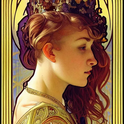 Prompt: realistic detailed profile portrait of a beautiful young medieval queen by Alphonse Mucha, Greg Hildebrandt, and Mark Brooks, gilded details, spirals, Neo-Gothic, gothic, Art Nouveau, ornate medieval religious icon