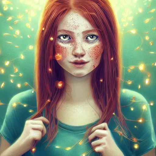 Prompt: highly detailed portrait of a red haired girl with long hair, green eyes, round face, freckles, softly smiling among fireflies, intricate details, accent lighting, dramatic light, golden ratio, hyper realistic digital art