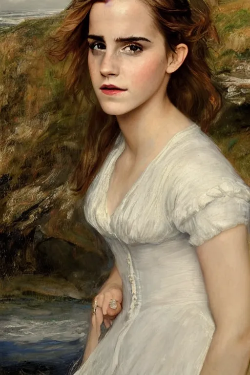 Prompt: a true-to-life portrait of Emma Watson against a backdrop of an ocean painted by John Everett Millais, real-life accurate, photoshoot