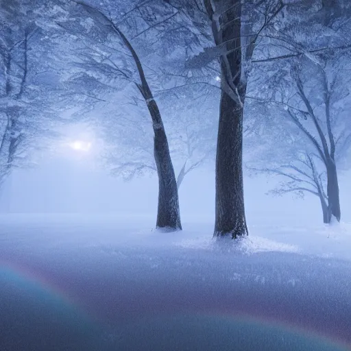 Image similar to landscape, dramatic lighting, octane render, volumetric lighting, artbreeder, snowy rainbow woods at night