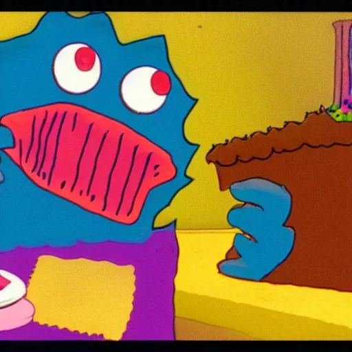 Image similar to a cake monster eating a cake. Saturday morning cartoon. VHS style.