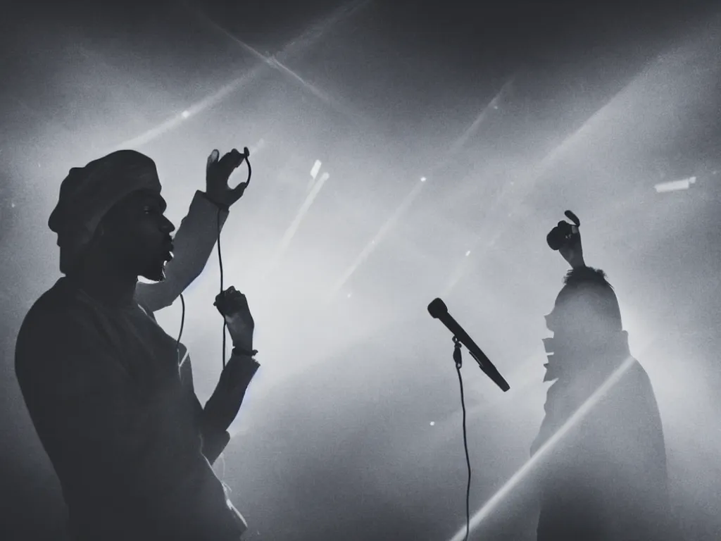 Image similar to man holding a microphone and rapping, epic pose, medium close-up, silhouetted, distinct figure, psychedelic hip-hop, laser light show, fog, beams of light