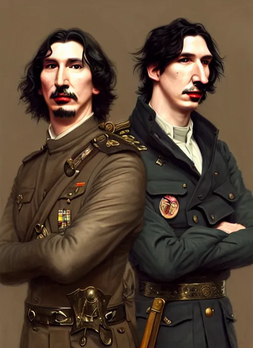 Prompt: a portrait of john oliver and adam driver posing together, stoic, military uniform, fantasy, centered, dark, smoke, fog, art by artgerm and greg rutkowski and alphonse mucha