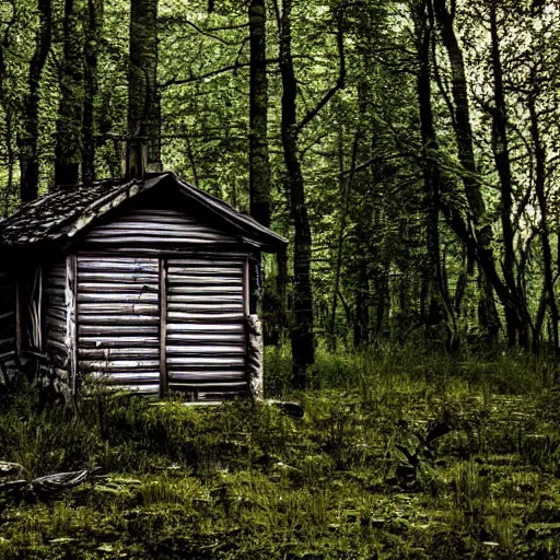 Prompt: shabby hut in a dark forest