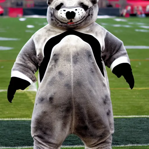 Image similar to sports team mascot, seal mascot costume, seals, the leopard seals, football mascot, anthropomorphic seal or sealion HD official photo, high quality costume, detailed fur, detailed material, NFL