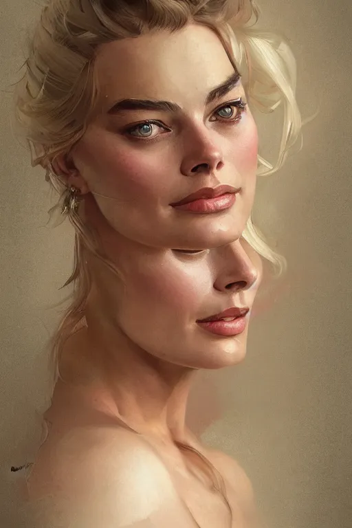 Image similar to A full portrait of Margot Robbie, intricate, elegant, highly detailed, digital painting, artstation, concept art, smooth, sharp focus, illustration, art by Krenz Cushart and Artem Demura and alphonse mucha