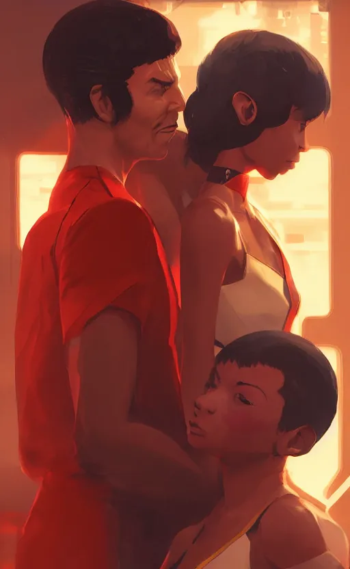 Image similar to Uhura and Spock caught about to kiss, surprise, cute, innocent, soft lighting, standing in a starbase bar, In style of Yoji Shinkawa, wojtek fus, by Makoto Shinkai, concept art, highly detailed