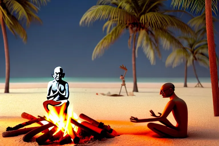 Prompt: gandhi with a big head and a small body, at the beach, sitting on the sand next to a campfire, with palm trees in the back, intricate detail, illustration, caustics, octane render, radiant light, 4 k