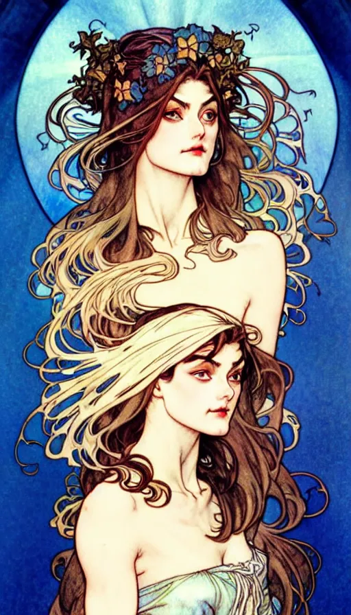 Image similar to in the style of artgerm, arthur rackham, alphonse mucha, phoebe tonkin, symmetrical eyes, symmetrical face, flowing blue skirt, hair blowing, full body, intricate filagree, hidden hands, warm colors, cool offset colors