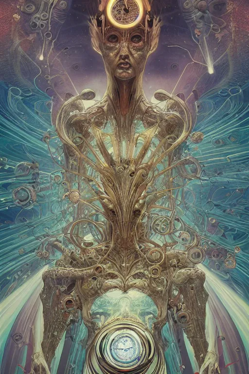 Image similar to swimming through time, inter dimensional clockwork, metaphysical implosion, by artgerm and yoshitaka amano and moebius and hr giger and zdislaw beksinski and alphonse mucha, hyperdetailed, symmetry, glamour, surreal, dc comics, ornate, stunning, nebula, explosions in the sky, trending on artstation