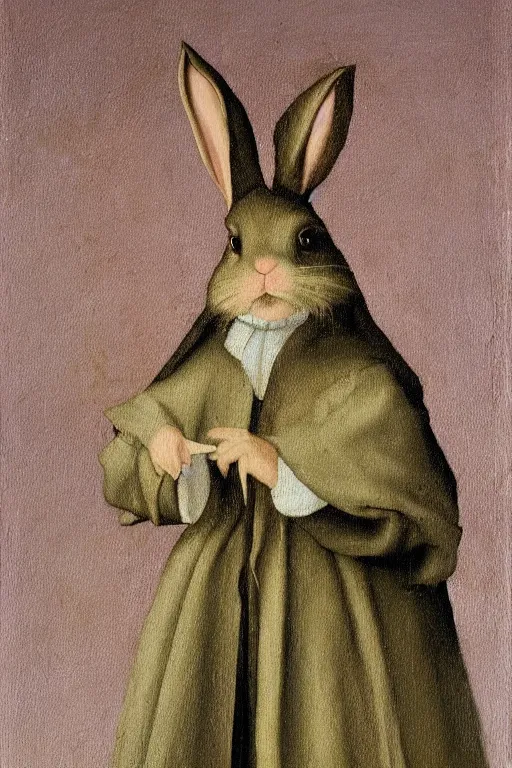 Image similar to silly hierronymus bosch oil painting portrait of a bunny in a coat. muted colour palette