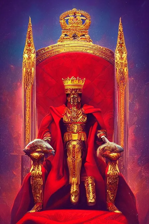 Prompt: the emperor, the crowned embodiment of male power holding the symbol of his power sits on a lavish red throne ruling with wisdom and care, 8 k resolution digital painting, by alena aenami, by michael whelan, behance hd, trending on artstation deviantart