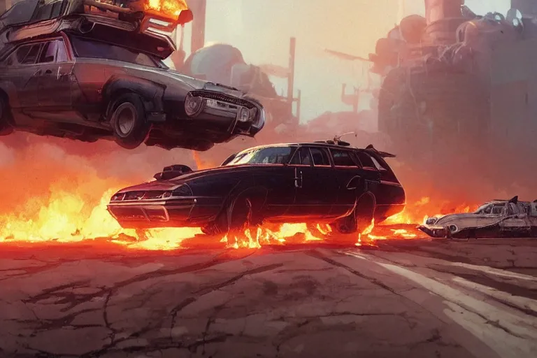 Prompt: 2 0 0 1 space odyssy diesepunk fairmont wagon mad max speeding through a burning fuel depot chase under fire explosion by greg rutkowski makoto shinkai takashi takeuchi studio ghibli, akihiko yoshida