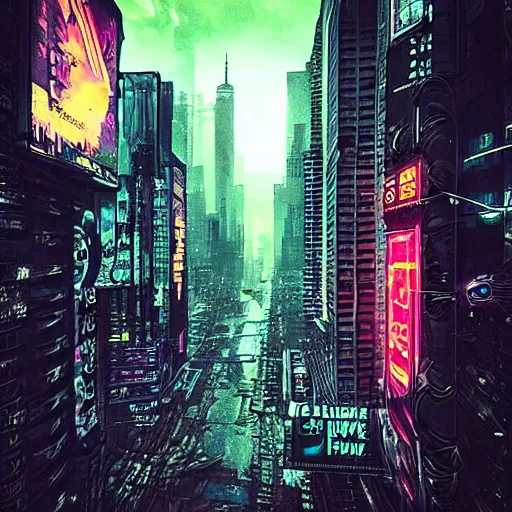 Image similar to “ alien invasion in cyberpunk new york, on gloomy rainy day ”