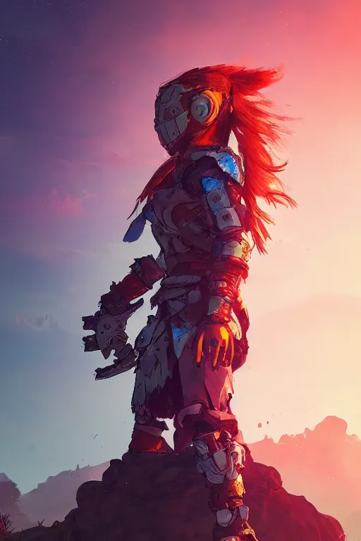 Image similar to combination suit armor aloy horizon forbidden west horizon zero dawn radiating a glowing aura global illumination ray tracing hdr fanart arstation by ian pesty and alena aenami artworks in 4 k tribal robot ninja mask helmet backpack