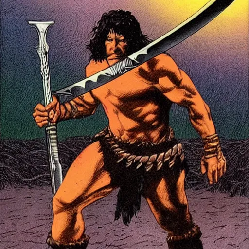 Image similar to barbarian warrior holding sword. Artwork by Richard Corben