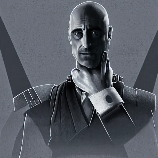 Image similar to mark strong as grand admiral thrawn sitting as his desk on a star destroyer, hd, digital art