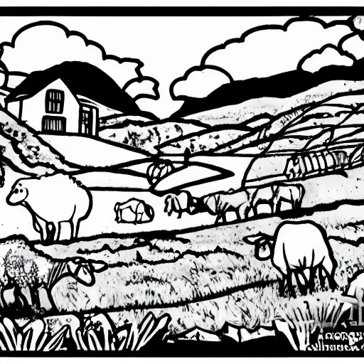 Prompt: colouring page of a new zealand farm, cows and sheep in the style of disney's home on the range