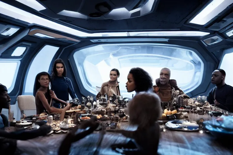 Image similar to movie diverse interracial team of European sci-fi futuristic space explorers talking at the table in a spaceship, beautiful skin, Symmetrical faces. Beautiful lighting by Emmanuel Lubezki