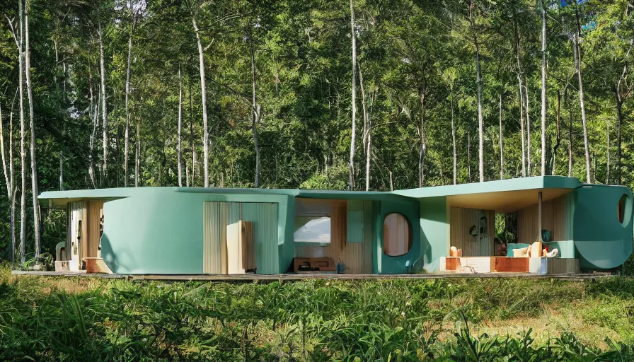 Image similar to A wide image of an eco-community of innovative contemporary 3D printed prefab sea ranch style cabin with rounded corners and angles, beveled edges, made of cement and concrete, organic architecture, in a lush green forest Designed by Gucci, Balenciaga, and Wes Anderson, golden hour