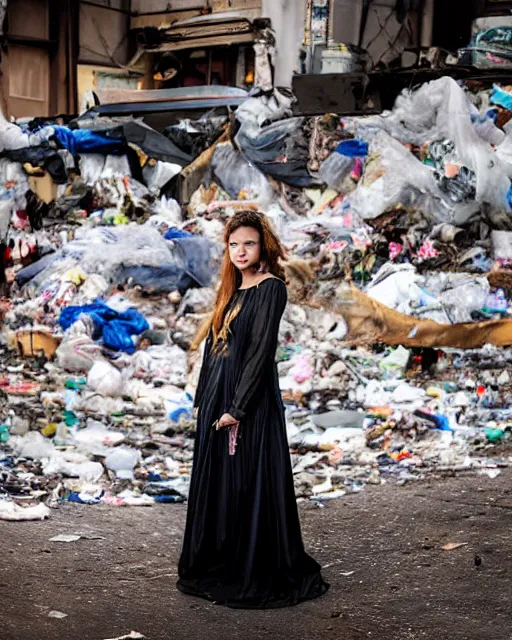 Image similar to a beautiful photo of a Young female with long hair and reflective eyes, Queen of trash wearing a gown made of plastic bags and trash, surrounded by trash all around and in the background, top cinematic lighting , very detailed, shot in canon 50mm f/1.2